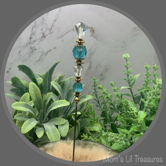 Turquoise Blue & Clear Crystal - Gold Tone Findings- 6” Pin • Hatpin • 4/25 - Picture 2 of 11
